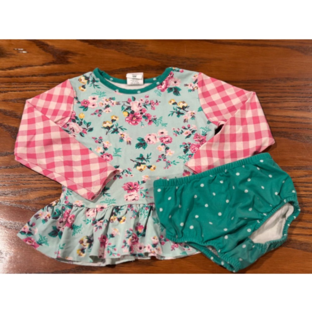 Ricrac & Ruffles Girls 18M Floral Gingham Peplum Top and Polka Dot Bloomers Set